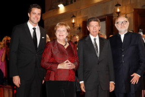 BERLIN, GERMANY - OCTOBER 03: Intendants of the State Opera Juergen Flimm (R) and Matthias Schulz (L) pose with German Chancellor Angela Merkel (2L) and her husband Joachim Sauer attend the Re-Opening of the Staatsoper Unter den Linden (State Opera Berlin) on October 3, 2017 in Berlin, Germany. (Photo by Franziska Krug/Getty Images for Staatsoper)